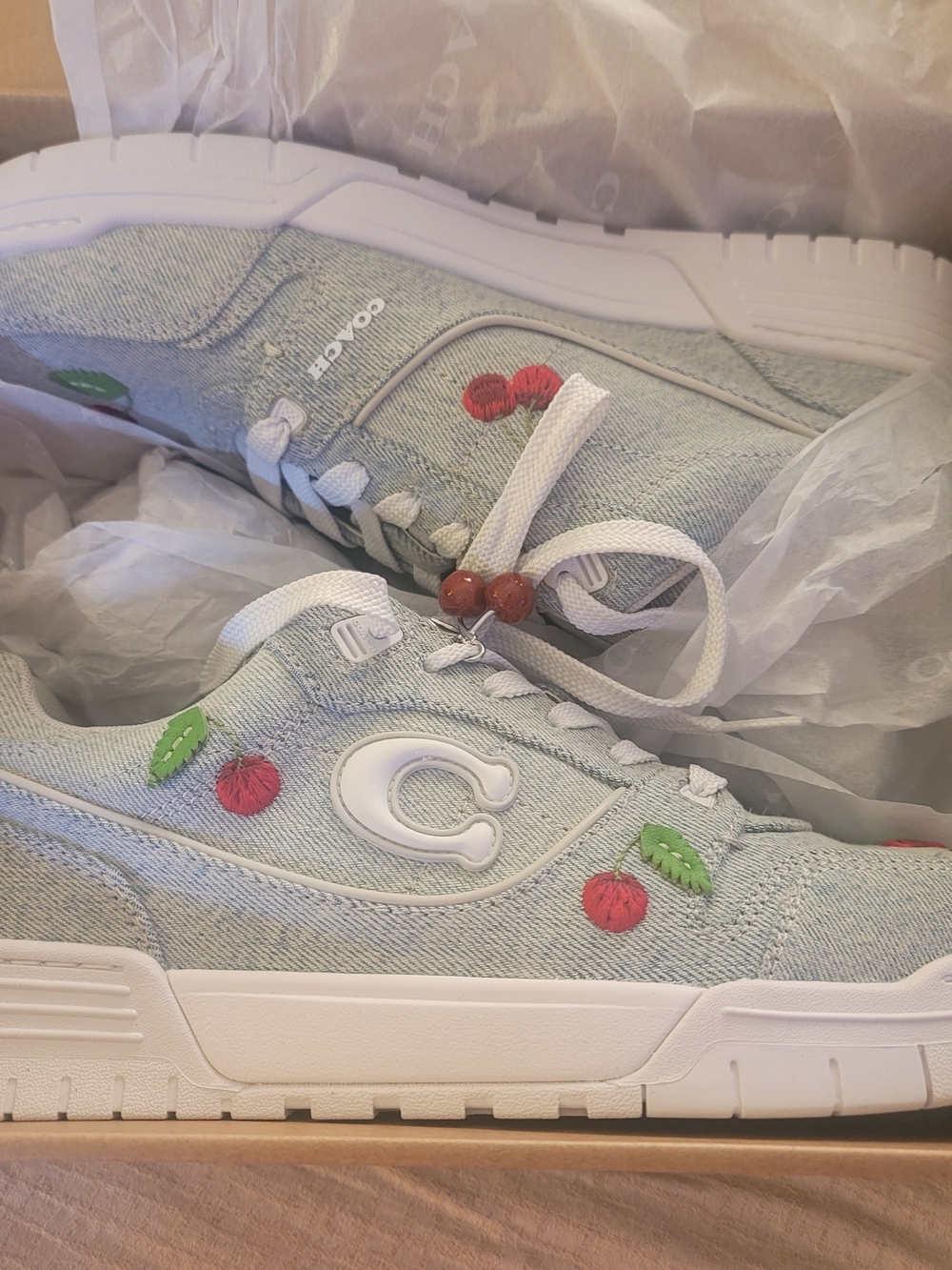 Coach Soho Cherry Denim Sneakers Size 9 Women's NIB Embroidered Cherry Charm